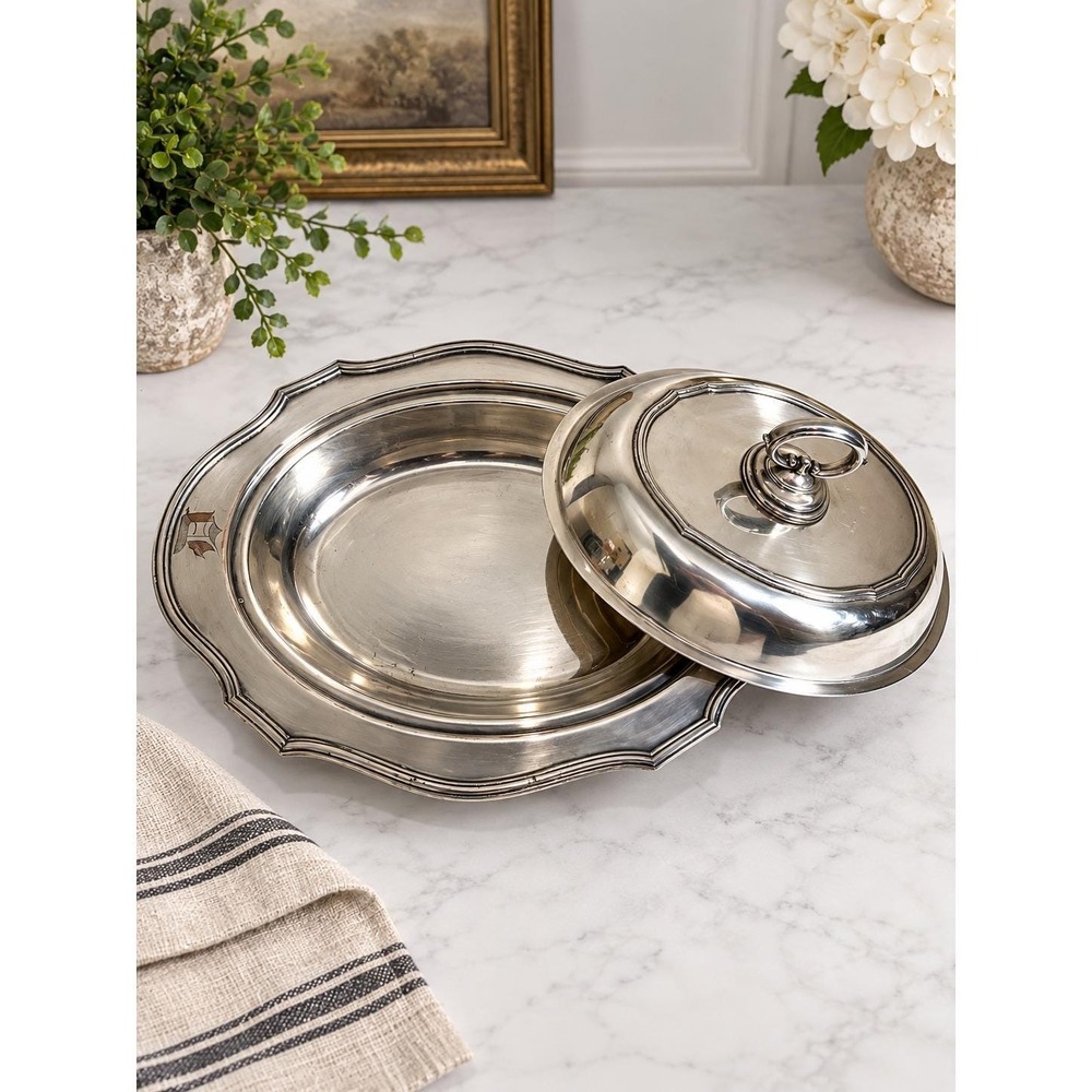 VTG Sheffield Silver Co 2525 Silverplate Covered Dish 13" Monogram E READ